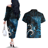 New Zealand Sea Week Couples Matching Off The Shoulder Long Sleeve Dress and Hawaiian Shirt Maori Wave Pattern Ocean Blue LT05 - Polynesian Pride