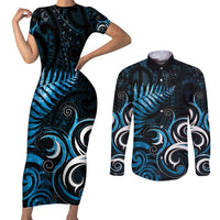 New Zealand Sea Week Couples Matching Short Sleeve Bodycon Dress and Long Sleeve Button Shirt Maori Wave Pattern Ocean Blue LT05 Blue - Polynesian Pride