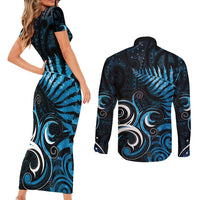 New Zealand Sea Week Couples Matching Short Sleeve Bodycon Dress and Long Sleeve Button Shirt Maori Wave Pattern Ocean Blue LT05 - Polynesian Pride