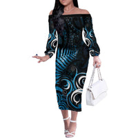 New Zealand Sea Week Family Matching Off The Shoulder Long Sleeve Dress and Hawaiian Shirt Maori Wave Pattern Ocean Blue LT05 Mom's Dress Blue - Polynesian Pride