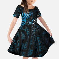 New Zealand Sea Week Family Matching Off Shoulder Maxi Dress and Hawaiian Shirt Maori Wave Pattern Ocean Blue LT05 Daughter's Dress Blue - Polynesian Pride