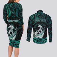 Personalised New Zealand Waka Racing Couples Matching Long Sleeve Bodycon Dress and Long Sleeve Button Shirt Maori Warriors LT05 - Polynesian Pride