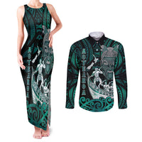 Personalised New Zealand Waka Racing Couples Matching Tank Maxi Dress and Long Sleeve Button Shirt Maori Warriors LT05 Green - Polynesian Pride