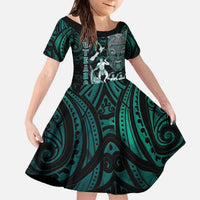 Personalised New Zealand Waka Racing Family Matching Off The Shoulder Long Sleeve Dress and Hawaiian Shirt Maori Warriors LT05 Daughter's Dress Green - Polynesian Pride