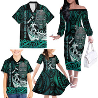 Personalised New Zealand Waka Racing Family Matching Off The Shoulder Long Sleeve Dress and Hawaiian Shirt Maori Warriors LT05 - Polynesian Pride