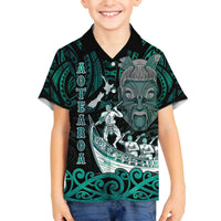 Personalised New Zealand Waka Racing Family Matching Off The Shoulder Long Sleeve Dress and Hawaiian Shirt Maori Warriors LT05 Son's Shirt Green - Polynesian Pride