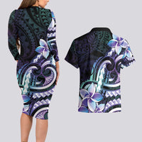 Polynesian Art Tattoo Couples Matching Long Sleeve Bodycon Dress and Hawaiian Shirt Plumeria Flowers Turquoise Gradient LT05 - Polynesian Pride