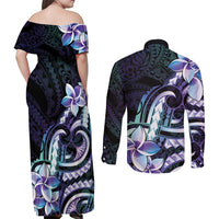 Polynesian Art Tattoo Couples Matching Off Shoulder Maxi Dress and Long Sleeve Button Shirt Plumeria Flowers Turquoise Gradient