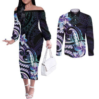 Polynesian Art Tattoo Couples Matching Off The Shoulder Long Sleeve Dress and Long Sleeve Button Shirt Plumeria Flowers Turquoise Gradient LT05 Turquoise - Polynesian Pride