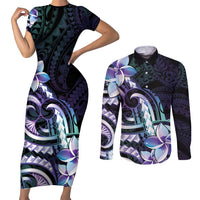 Polynesian Art Tattoo Couples Matching Short Sleeve Bodycon Dress and Long Sleeve Button Shirt Plumeria Flowers Turquoise Gradient LT05 Turquoise - Polynesian Pride