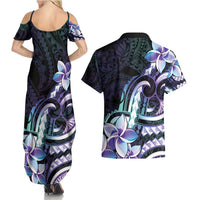 Polynesian Art Tattoo Couples Matching Summer Maxi Dress and Hawaiian Shirt Plumeria Flowers Turquoise Gradient LT05 - Polynesian Pride