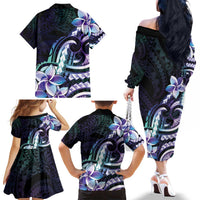 Polynesian Art Tattoo Family Matching Off The Shoulder Long Sleeve Dress and Hawaiian Shirt Plumeria Flowers Turquoise Gradient LT05 - Polynesian Pride