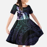 Polynesian Art Tattoo Family Matching Off Shoulder Maxi Dress and Hawaiian Shirt Plumeria Flowers Turquoise Gradient LT05 Daughter's Dress Turquoise - Polynesian Pride