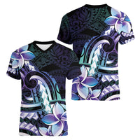 Polynesian Art Tattoo Women V-Neck T-Shirt Plumeria Flowers Turquoise Gradient