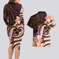 Polynesian Art Tattoo Couples Matching Long Sleeve Bodycon Dress and Hawaiian Shirt Plumeria Flowers Peach Gradient LT05 - Polynesian Pride