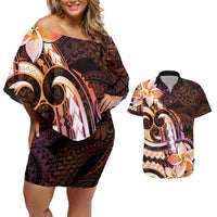 Polynesian Art Tattoo Couples Matching Off Shoulder Short Dress and Hawaiian Shirt Plumeria Flowers Peach Gradient LT05 Peach - Polynesian Pride