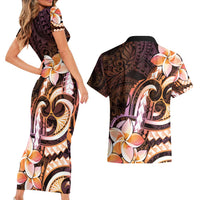 Polynesian Art Tattoo Couples Matching Short Sleeve Bodycon Dress and Hawaiian Shirt Plumeria Flowers Peach Gradient LT05 - Polynesian Pride