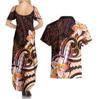 Polynesian Art Tattoo Couples Matching Summer Maxi Dress and Hawaiian Shirt Plumeria Flowers Peach Gradient LT05 - Polynesian Pride