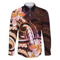 Polynesian Art Tattoo Family Matching Off Shoulder Maxi Dress and Hawaiian Shirt Plumeria Flowers Peach Gradient LT05 Dad's Shirt - Long Sleeve Peach - Polynesian Pride