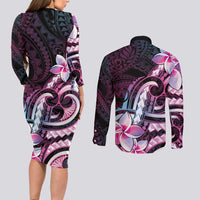 Polynesian Art Tattoo Couples Matching Long Sleeve Bodycon Dress and Long Sleeve Button Shirt Plumeria Flowers Pink Gradient LT05 - Polynesian Pride