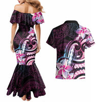 Polynesian Art Tattoo Couples Matching Mermaid Dress and Hawaiian Shirt Plumeria Flowers Pink Gradient LT05 - Polynesian Pride
