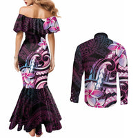 Polynesian Art Tattoo Couples Matching Mermaid Dress and Long Sleeve Button Shirt Plumeria Flowers Pink Gradient LT05 - Polynesian Pride