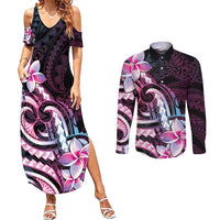 Polynesian Art Tattoo Couples Matching Summer Maxi Dress and Long Sleeve Button Shirt Plumeria Flowers Pink Gradient