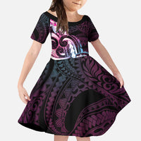 Polynesian Art Tattoo Family Matching Off Shoulder Maxi Dress and Hawaiian Shirt Plumeria Flowers Pink Gradient LT05 Daughter's Dress Pink - Polynesian Pride