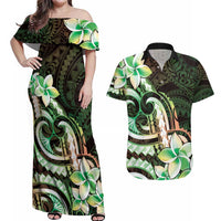 Polynesian Art Tattoo Couples Matching Off Shoulder Maxi Dress and Hawaiian Shirt Plumeria Flowers Green Gradient LT05 Green - Polynesian Pride