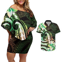 Polynesian Art Tattoo Couples Matching Off Shoulder Short Dress and Hawaiian Shirt Plumeria Flowers Green Gradient LT05 Green - Polynesian Pride
