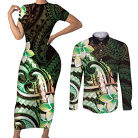 Polynesian Art Tattoo Couples Matching Short Sleeve Bodycon Dress and Long Sleeve Button Shirt Plumeria Flowers Green Gradient LT05 Green - Polynesian Pride