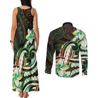 Polynesian Art Tattoo Couples Matching Tank Maxi Dress and Long Sleeve Button Shirt Plumeria Flowers Green Gradient LT05 - Polynesian Pride