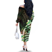 Polynesian Art Tattoo Family Matching Off The Shoulder Long Sleeve Dress and Hawaiian Shirt Plumeria Flowers Green Gradient LT05 - Polynesian Pride