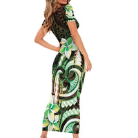Polynesian Art Tattoo Family Matching Short Sleeve Bodycon Dress and Hawaiian Shirt Plumeria Flowers Green Gradient LT05 - Polynesian Pride