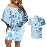 Hawaii Tapa Pattern With Blue Hibiscus Couples Matching Off Shoulder Short Dress and Hawaiian Shirt