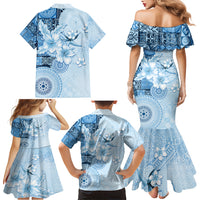 Hawaii Tapa Pattern With Blue Hibiscus Family Matching Mermaid Dress and Hawaiian Shirt LT05 - Polynesian Pride