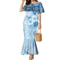 Hawaii Tapa Pattern With Blue Hibiscus Family Matching Mermaid Dress and Hawaiian Shirt LT05 Mom's Dress Blue - Polynesian Pride