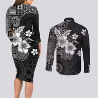 Hawaii Tapa Pattern With Black Hibiscus Couples Matching Long Sleeve Bodycon Dress and Long Sleeve Button Shirt