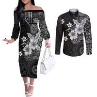 Hawaii Tapa Pattern With Black Hibiscus Couples Matching Off The Shoulder Long Sleeve Dress and Long Sleeve Button Shirt