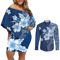 Hawaii Tapa Pattern With Navy Hibiscus Couples Matching Off Shoulder Short Dress and Long Sleeve Button Shirt
