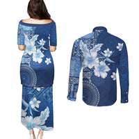 Hawaii Tapa Pattern With Navy Hibiscus Couples Matching Puletasi and Long Sleeve Button Shirt