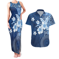 Hawaii Tapa Pattern With Navy Hibiscus Couples Matching Tank Maxi Dress and Hawaiian Shirt