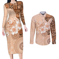 Hawaii Tapa Pattern With Brown Hibiscus Couples Matching Long Sleeve Bodycon Dress and Long Sleeve Button Shirt