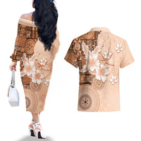 Hawaii Tapa Pattern With Brown Hibiscus Couples Matching Off The Shoulder Long Sleeve Dress and Hawaiian Shirt