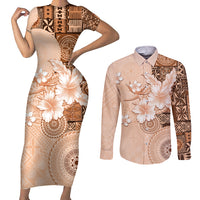 Hawaii Tapa Pattern With Brown Hibiscus Couples Matching Short Sleeve Bodycon Dress and Long Sleeve Button Shirt