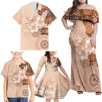 Hawaii Tapa Pattern With Brown Hibiscus Family Matching Off Shoulder Maxi Dress and Hawaiian Shirt LT05 - Polynesian Pride