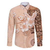 Hawaii Tapa Pattern With Brown Hibiscus Family Matching Off Shoulder Maxi Dress and Hawaiian Shirt LT05 Dad's Shirt - Long Sleeve Brown - Polynesian Pride