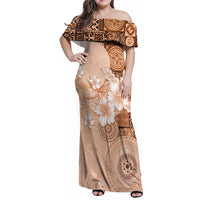 Hawaii Tapa Pattern With Brown Hibiscus Family Matching Off Shoulder Maxi Dress and Hawaiian Shirt LT05 Mom's Dress Brown - Polynesian Pride