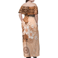Hawaii Tapa Pattern With Brown Hibiscus Family Matching Off Shoulder Maxi Dress and Hawaiian Shirt LT05 - Polynesian Pride