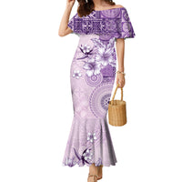 Hawaii Tapa Pattern With Violet Hibiscus Family Matching Mermaid Dress and Hawaiian Shirt LT05 Mom's Dress Violet - Polynesian Pride